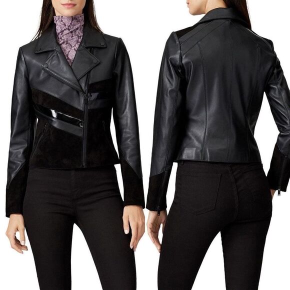 Slate & Willow Mixed Media Colorblock Moto Leather Jacket, size S - Picture 1 of 14